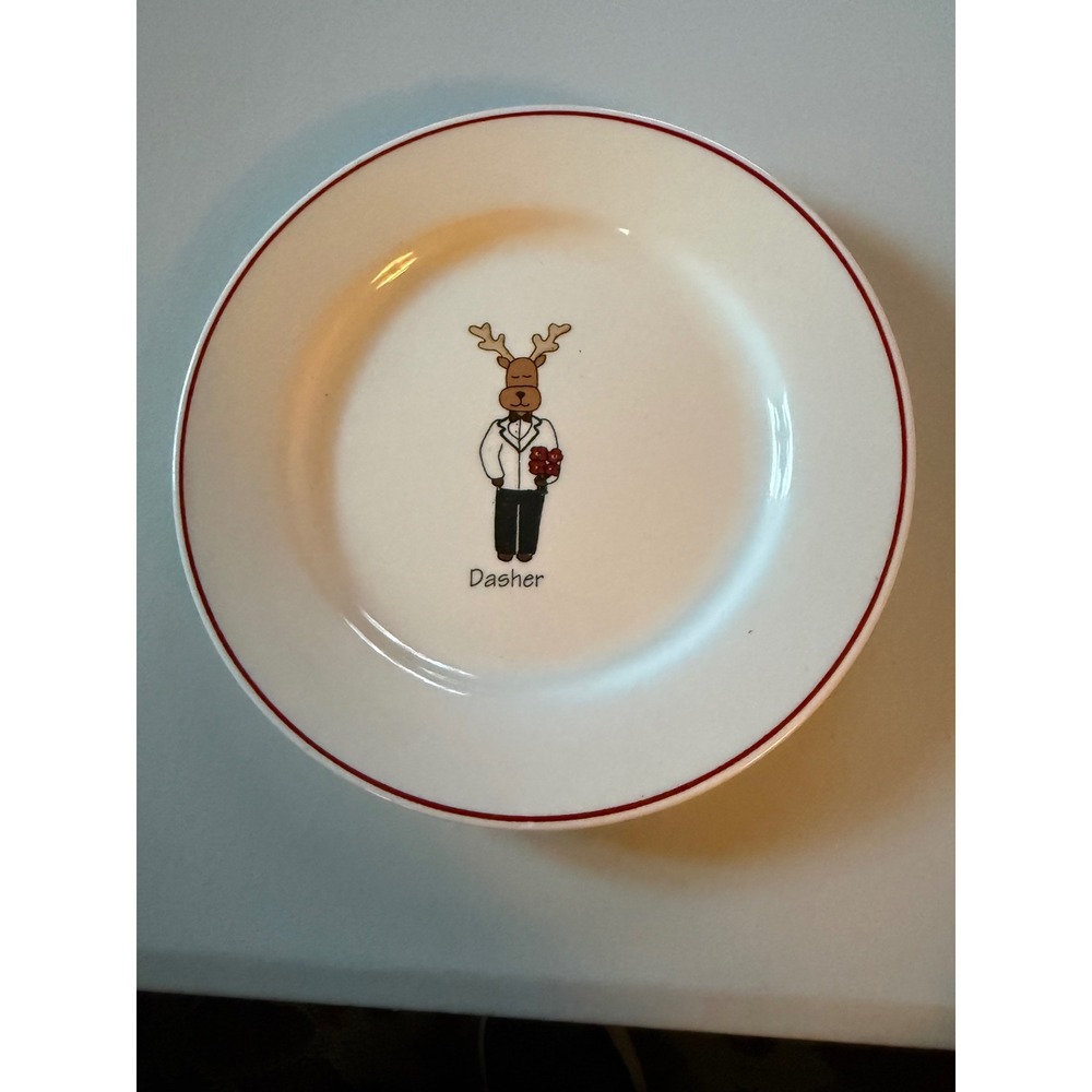 LTD Commodities Dasher Reindeer Tuxedo Christmas Appetizer Plate Red Rim Ceramic